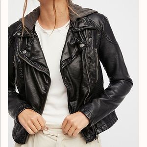 Free People Vegan Leather hooded moto jacket